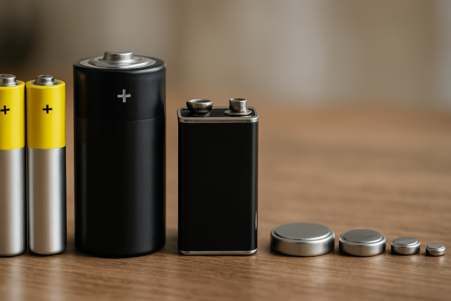 Verschiedene Batterietypen auf einem Tisch nebeneinander platziert Bild