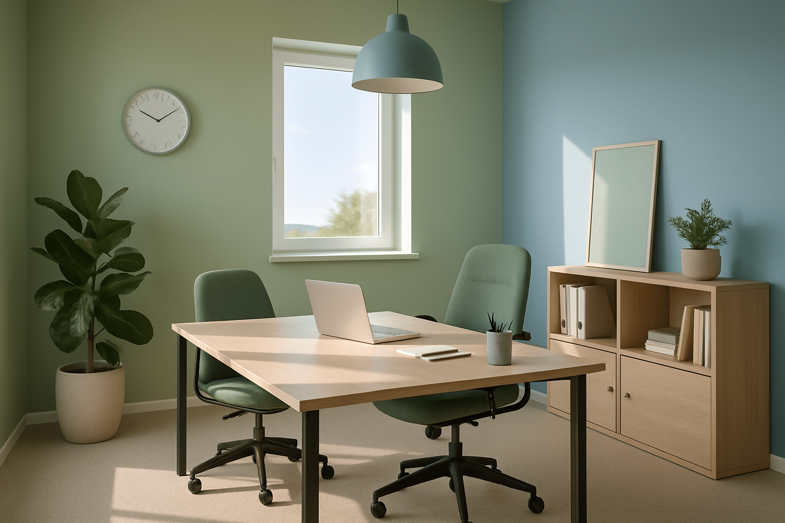 Modernes Büro mit den Farbtrends Salbeigrün und Himmelblau