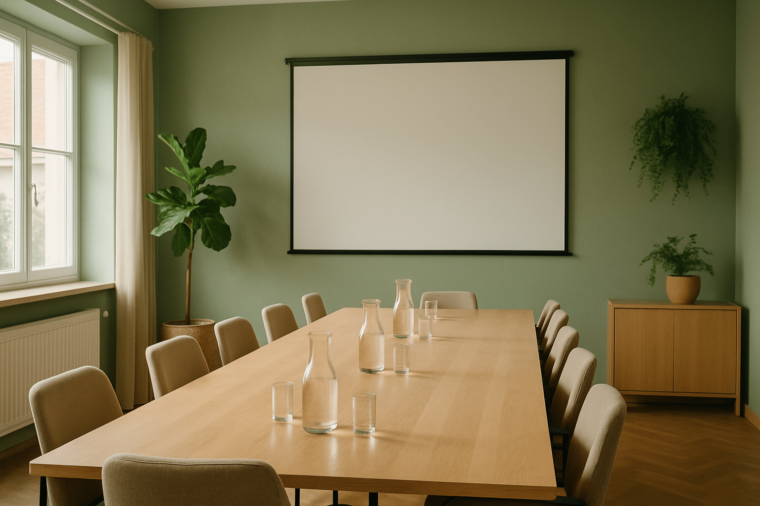 Beruhigender Konferenzraum mit gr&uuml;nen W&auml;nden und Naturdetails Bild