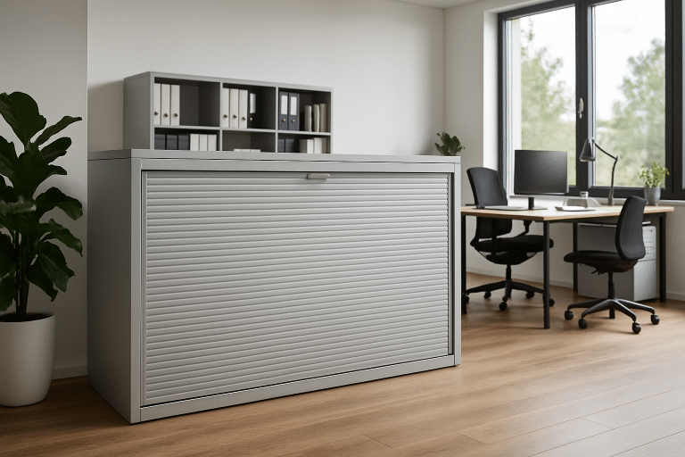 Modernes Büro mit stilvollem Rollladenschrank im Vordergrund Bild
