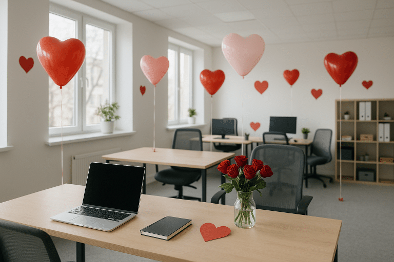 Modernes Büro mit Valentinstagsdekoration und entspannter Atmosphäre Bild