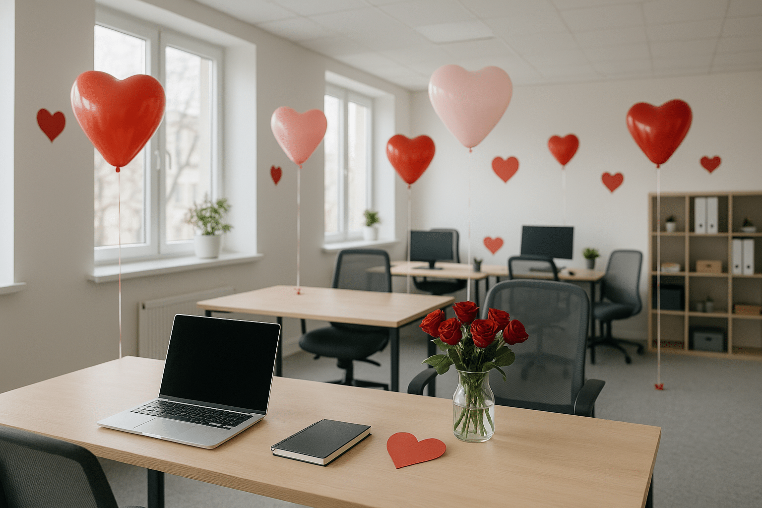 Modernes B&uuml;ro mit Valentinstagsdekoration und entspannter Atmosph&auml;re Bild