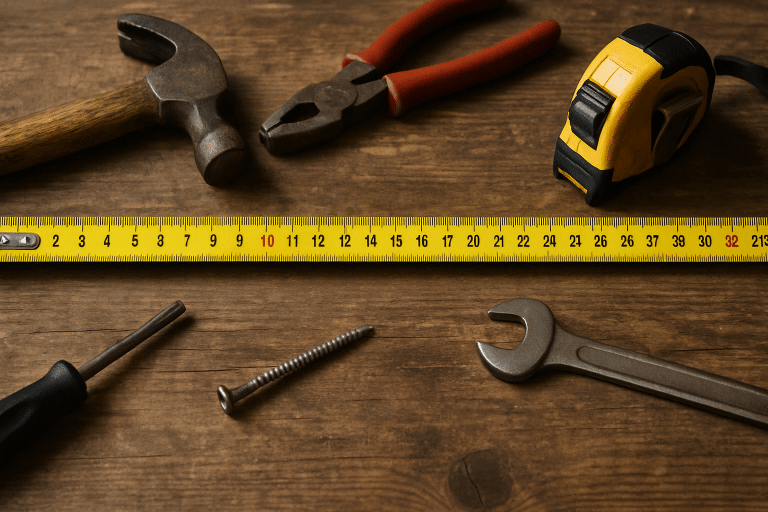 Maßband und Werkzeuge auf einem Holztisch ausgerollt Bild