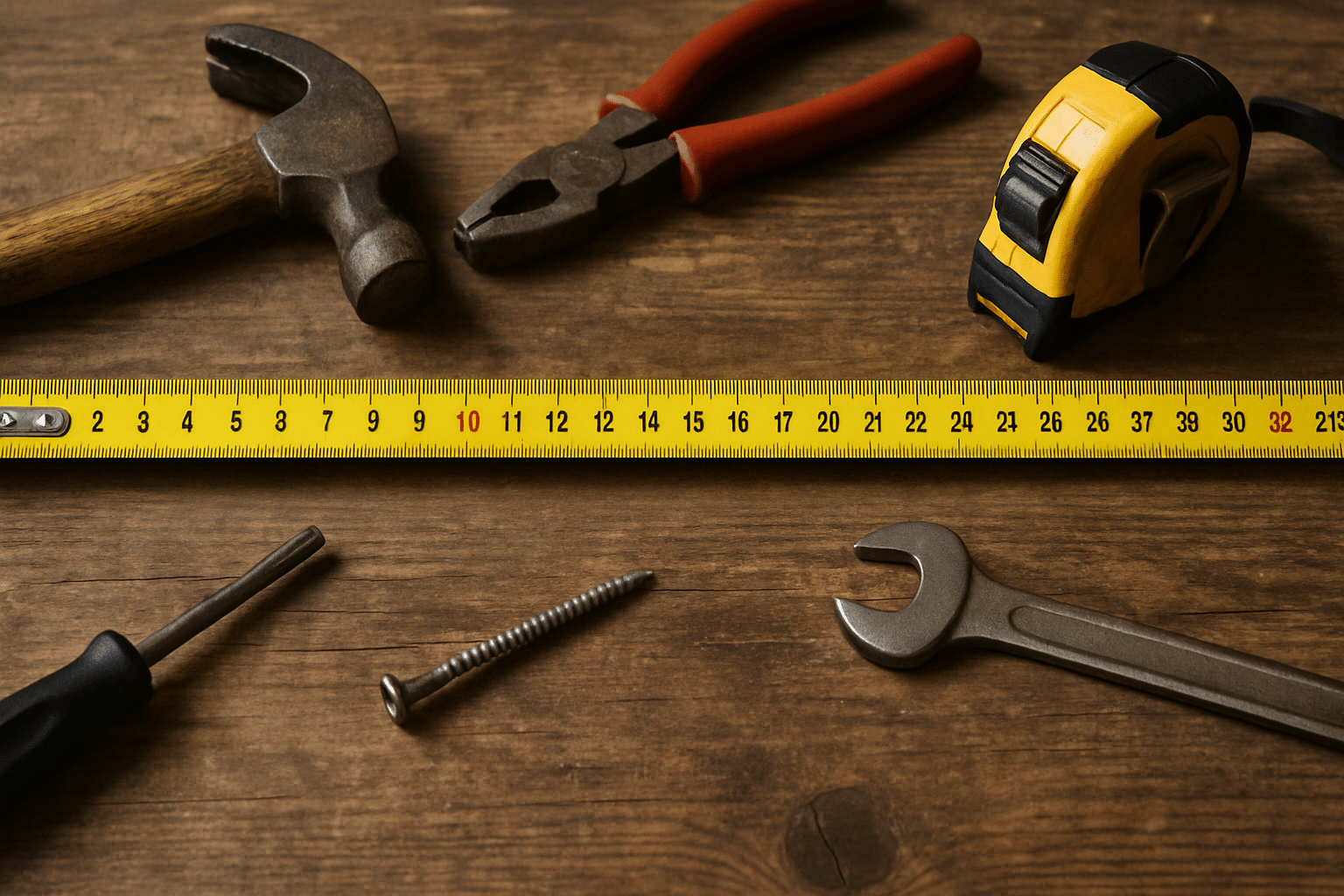 Maßband und Werkzeuge auf einem Holztisch ausgerollt Bild