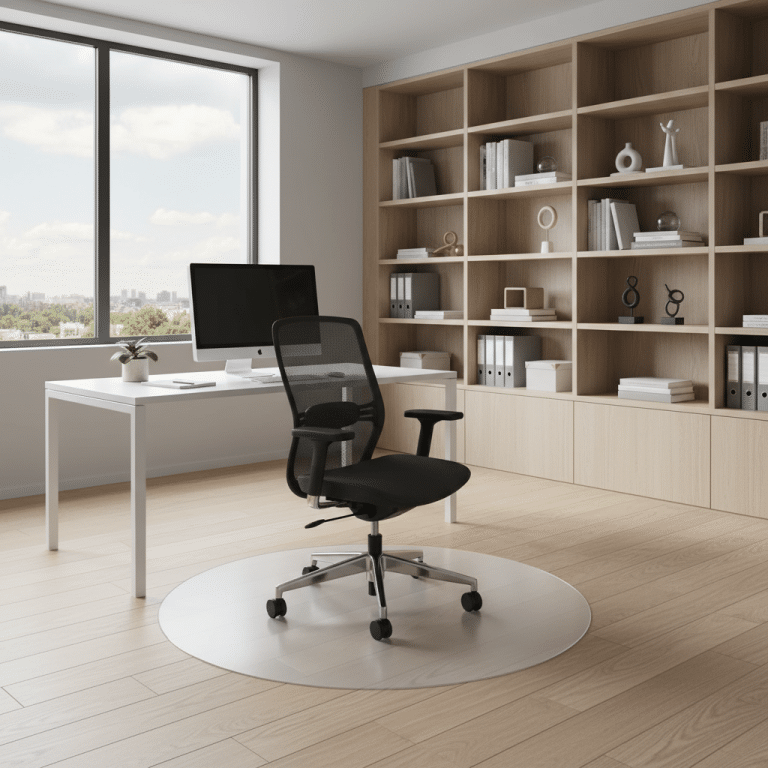 Moderner Bürostuhl auf transparenter Matte im Büro Bild