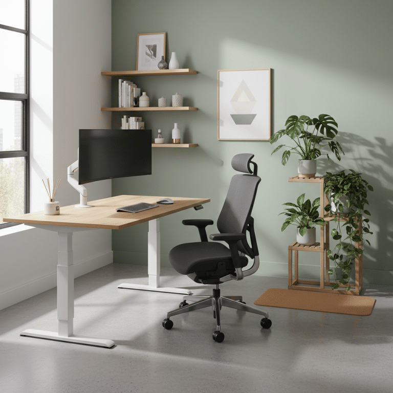 Modernes Büro mit höhenverstellbarem Tisch und Stuhl Bild