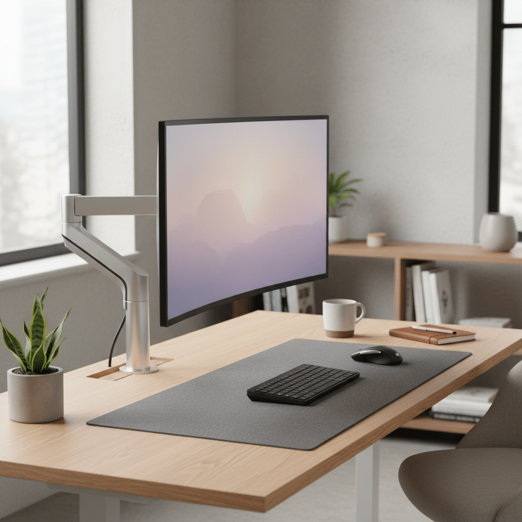 Ergonomischer Arbeitsplatz mit modernem Monitorarm und Ordnung Bild