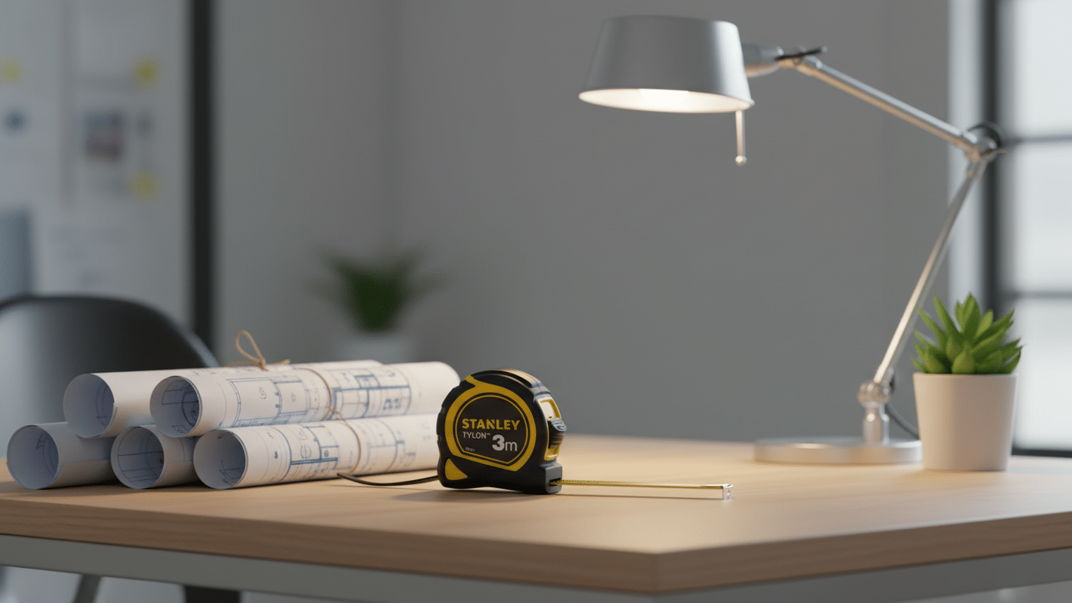 Stanley Tylon 3m tape measure on a desk with blueprints and a lamp, showcasing a clean, organized workspace.