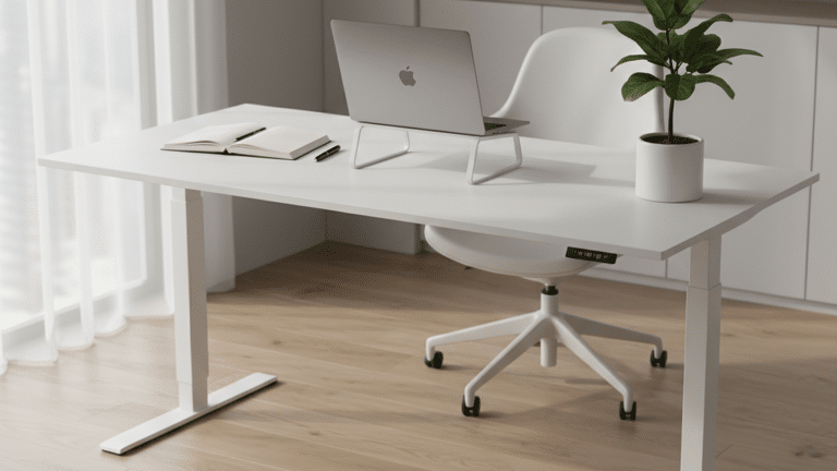 Modern standing desk in a minimalistic office with natural lighting and organized workspace essentials.