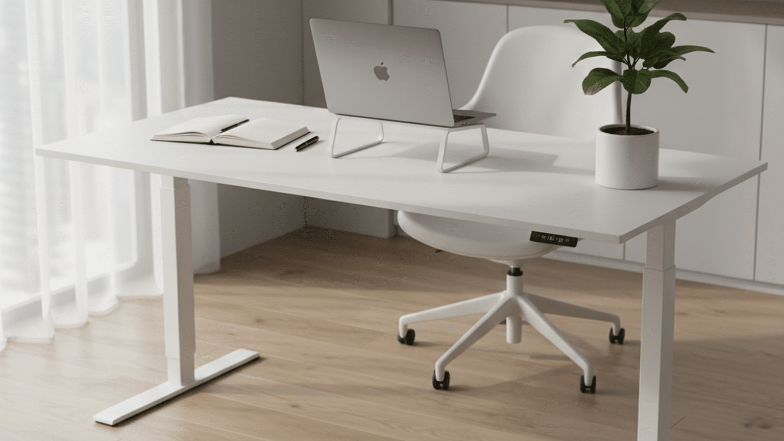 Stehschreibtisch vs. traditioneller Schreibtisch: Welcher ist besser für Sie? Modern standing desk in a minimalistic office with natural lighting and organized workspace essentials.