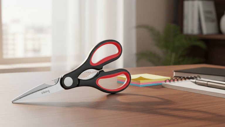 Viking left-handed scissors 80mm in stainless steel on a wooden desk with office supplies.