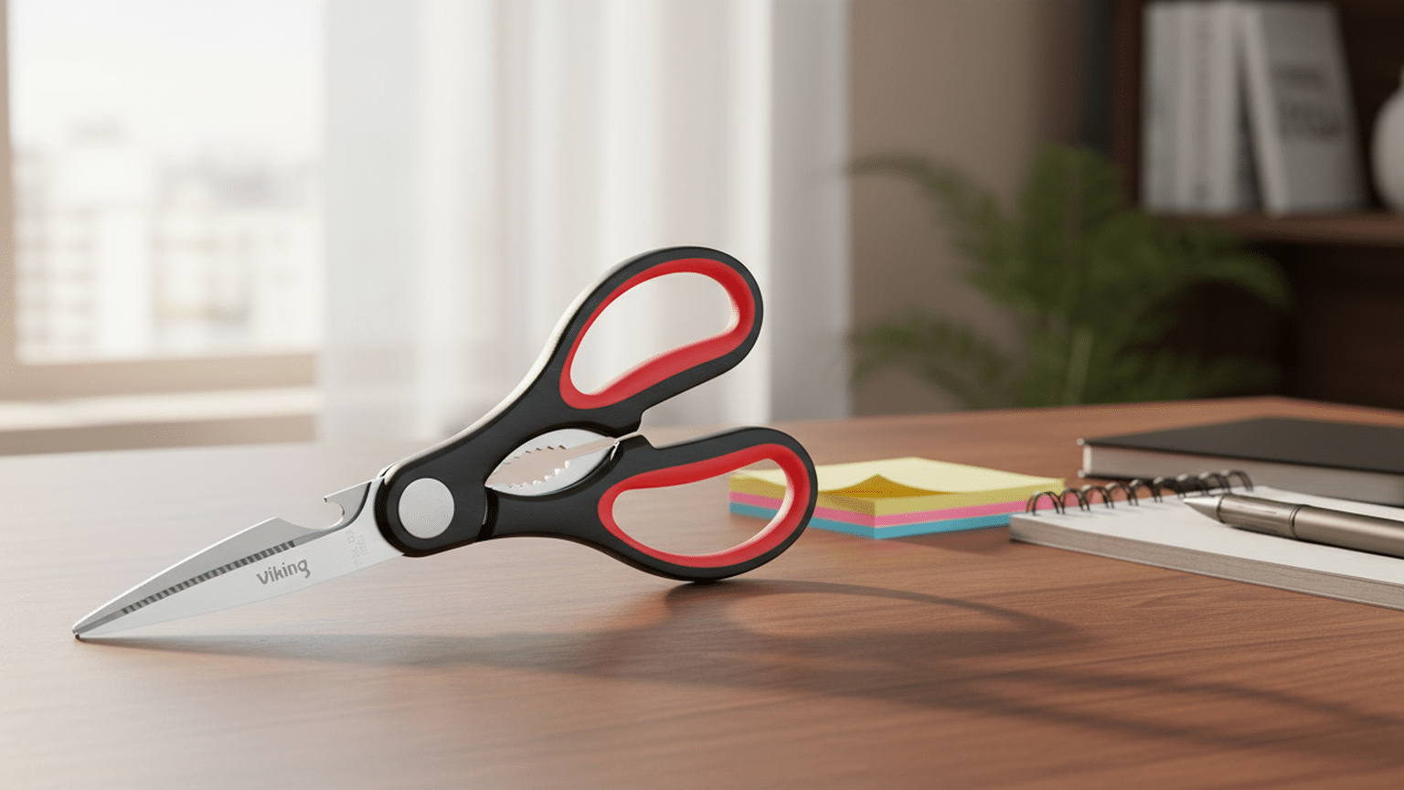 Viking left-handed scissors 80mm in stainless steel on a wooden desk with office supplies.