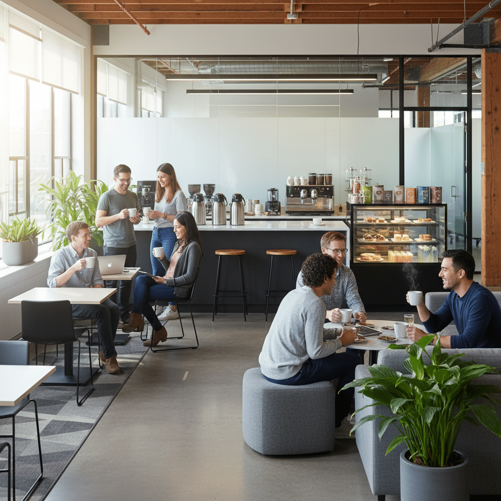 Mitarbeiter genie&szlig;en Kaffee und Tee in entspannter Atmosph&auml;re