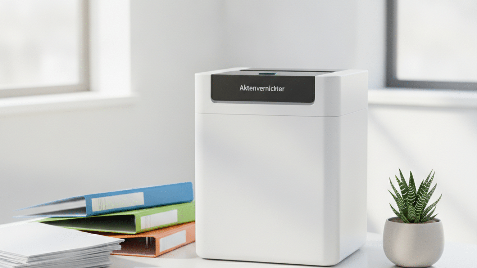 Aktenvernichter on a sleek white office desk in a bright, minimalistic setting.
