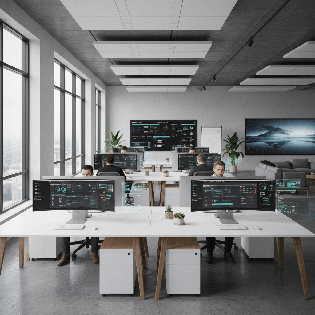 Modernes B&uuml;ro mit digitaler Ausstattung und minimalem Papierverbrauch
