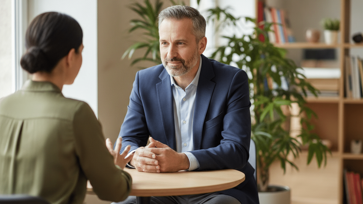 Introverted leader in business-casual attire engaging in a thoughtful conversation with a colleague at a small table.