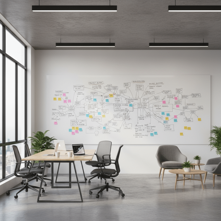 Modernes Büro mit Whiteboard voller Ideen und Pläne