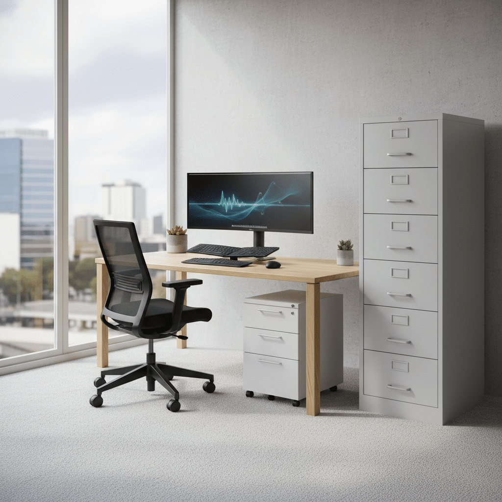 Ein B&uuml;ro mit Rollcontainer und Aktenschrank anwesend Bild
