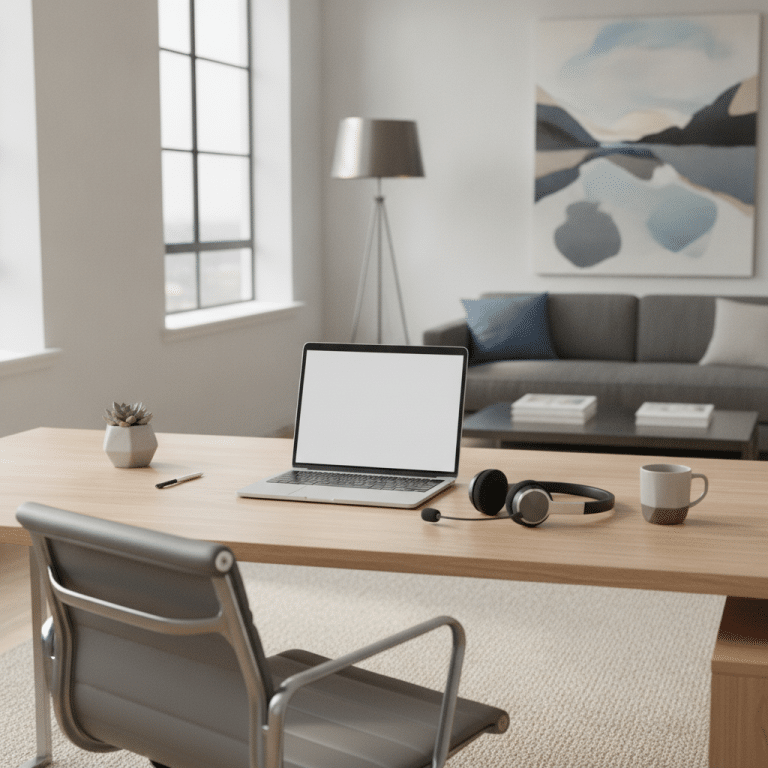 Moderne Arbeitsumgebung mit Headset für produktive Meetings Bild