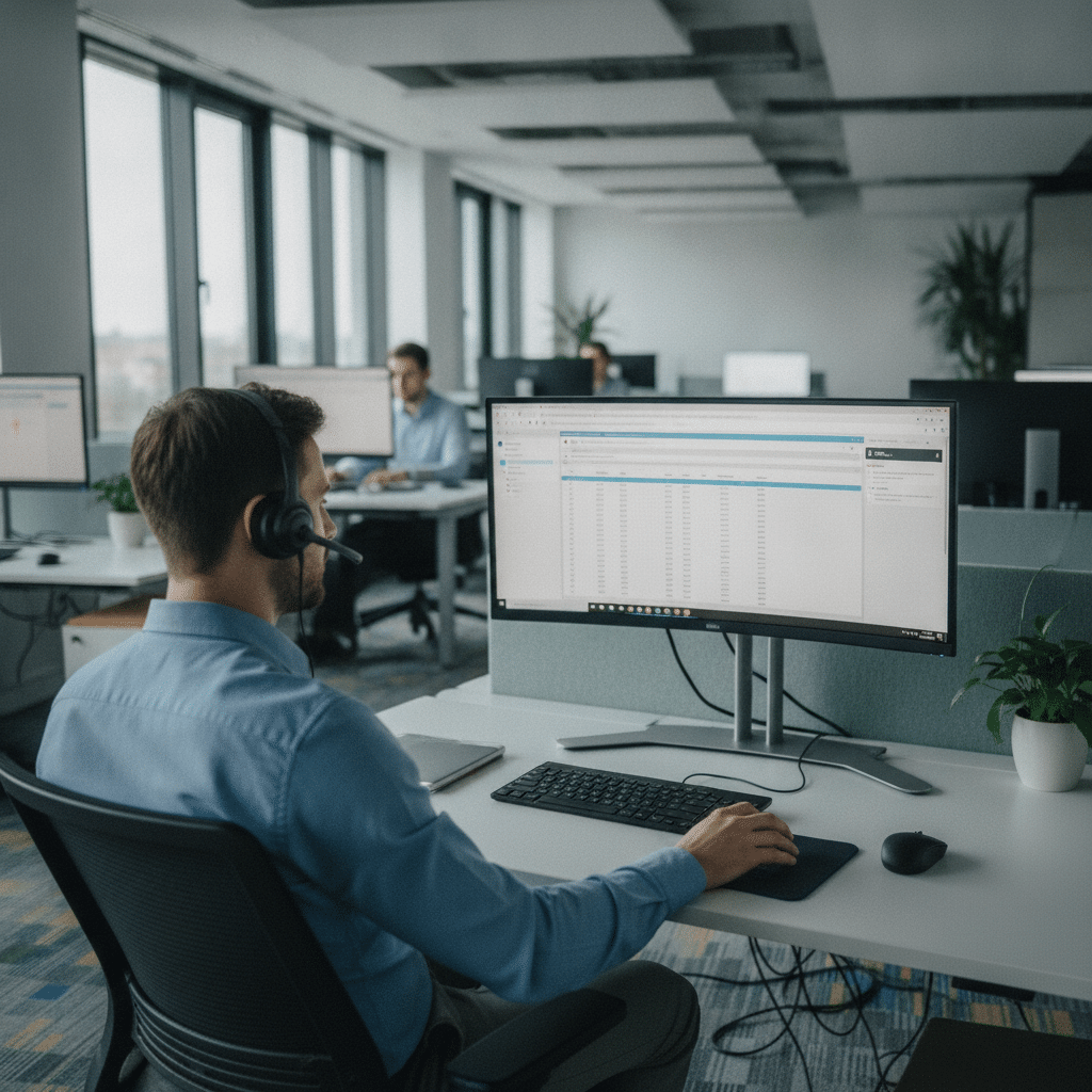 Ein Mitarbeiter telefoniert im B&uuml;ro am Computer Bild
