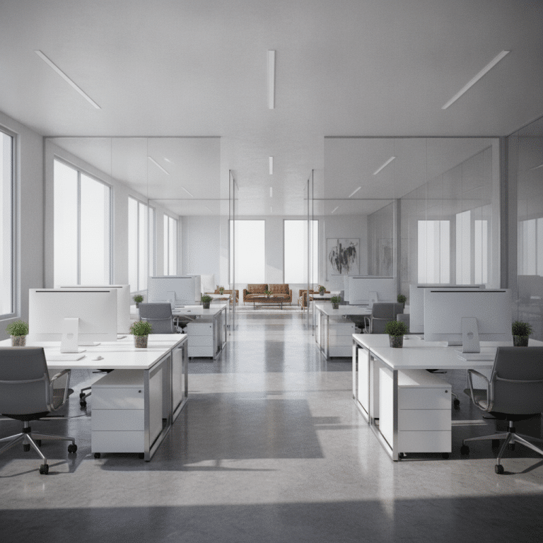 Ein modernes Büro mit Ordnung und glänzenden Oberflächen