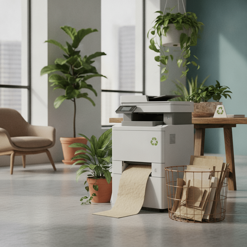 Nachhaltiges B&uuml;ro mit Drucker und Pflanzen f&uuml;r Umweltbewusstsein