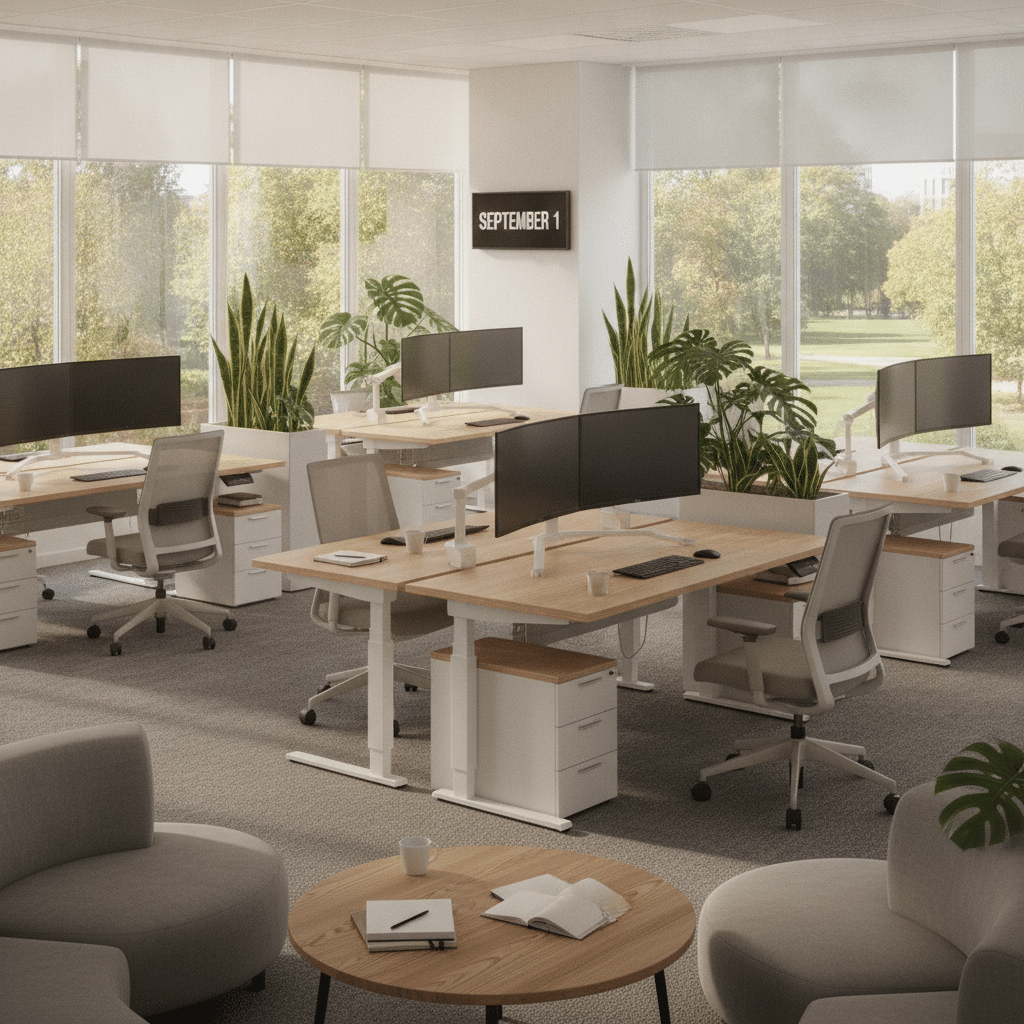Modernes B&uuml;ro mit ergonomischen M&ouml;beln bereit f&uuml;r Neustart