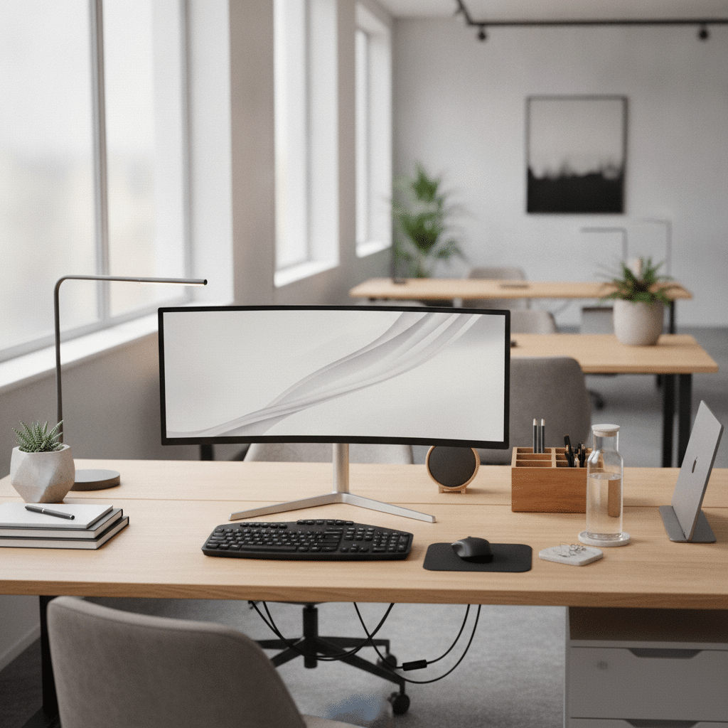 Ein ordentlicher Schreibtisch mit modernen B&uuml;roaccessoires im B&uuml;ro