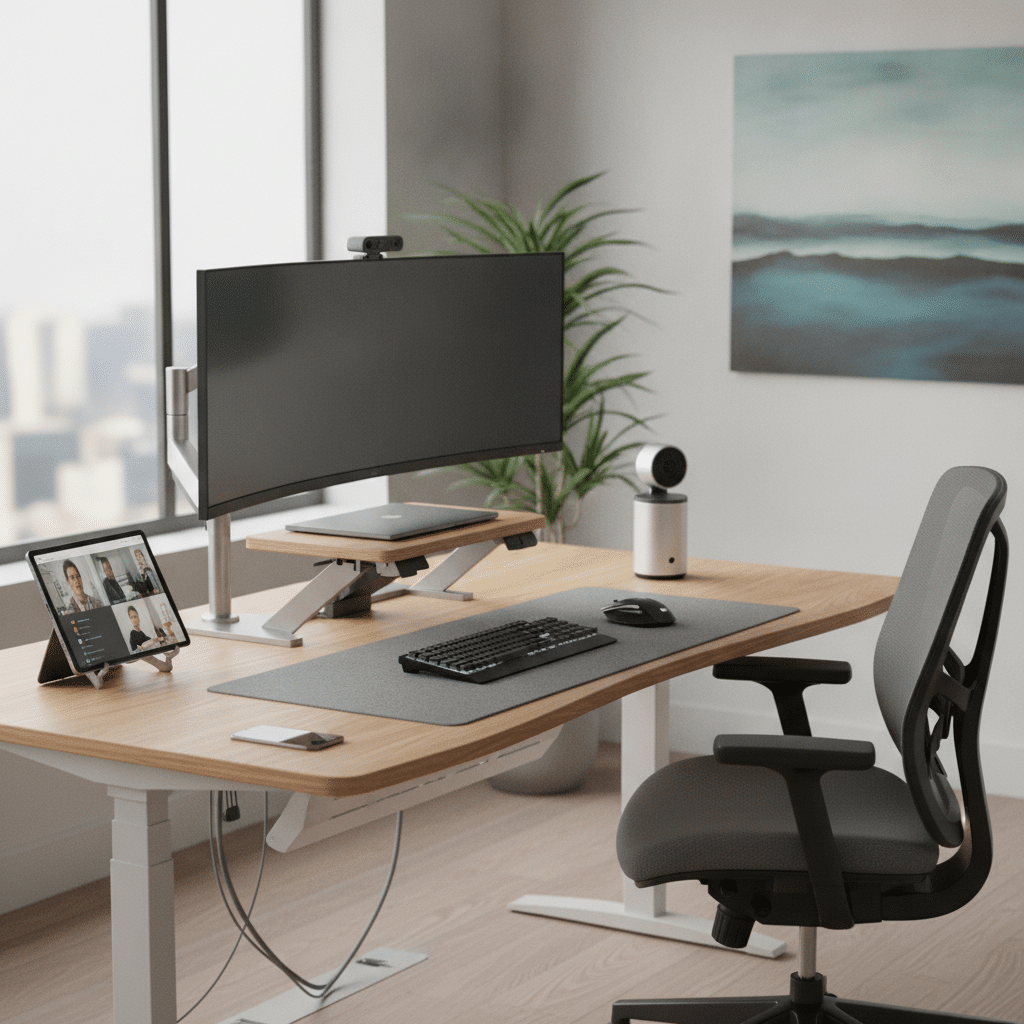 Moderner Arbeitsplatz f&uuml;r hybrides Arbeiten mit Technik ausgestattet