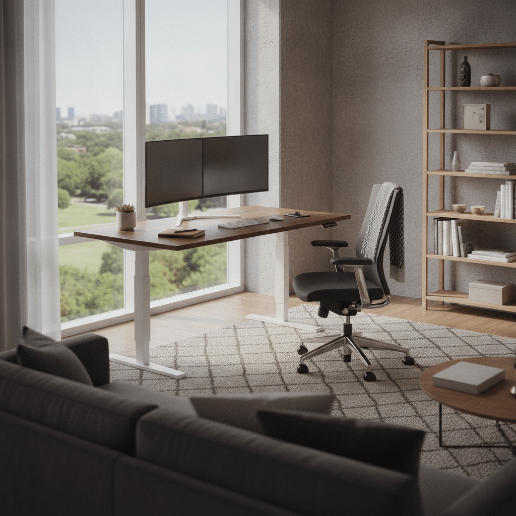Modernes B&uuml;ro mit elegantem Stehschreibtisch und ergonomischem Stuhl