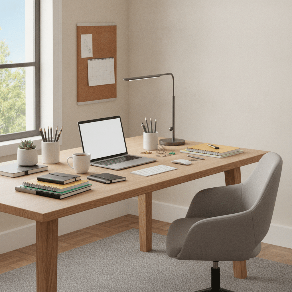 Moderner Arbeitsplatz mit Schreibtisch und B&uuml;robedarfsmaterialien ausgestattet Bild