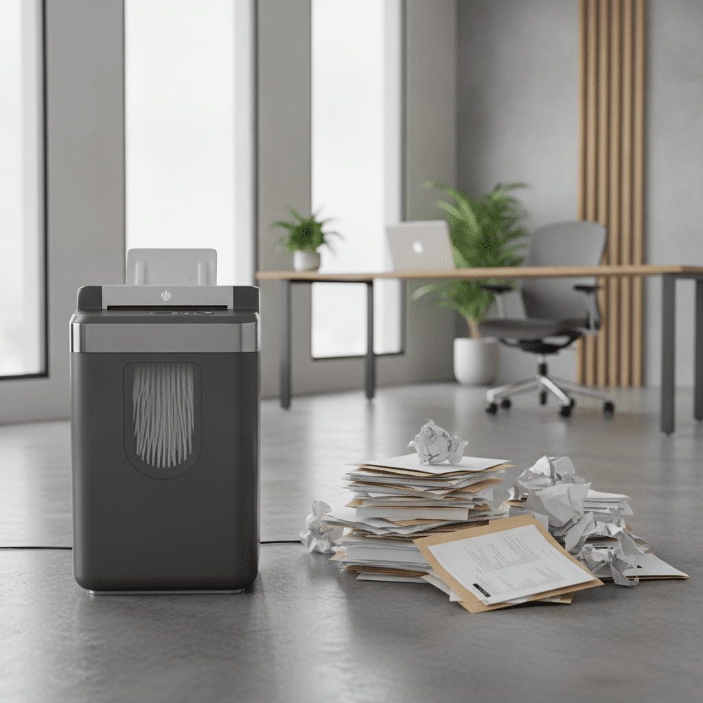 Moderner Aktenvernichter im Büro mit Papierstapeln daneben Bild